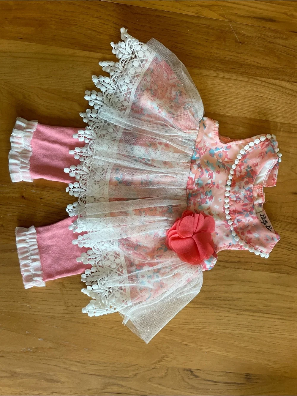 Little Lass Coral Pink Floral Tulle Top with Pink Leggings Set - Picture 7 of 7